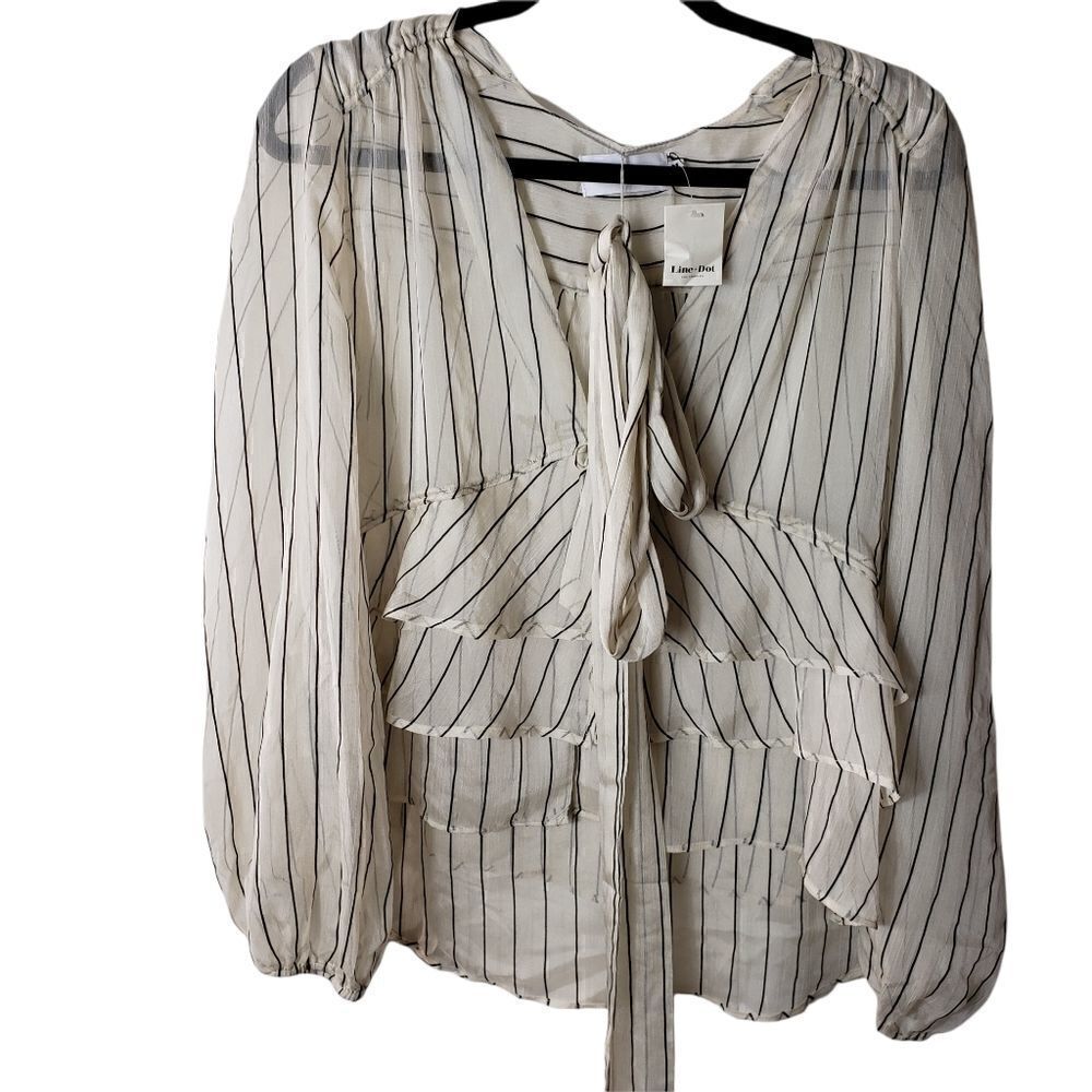 Line & Dot Sheer Layered Look Long Sleeve Blouse with Neck Tie